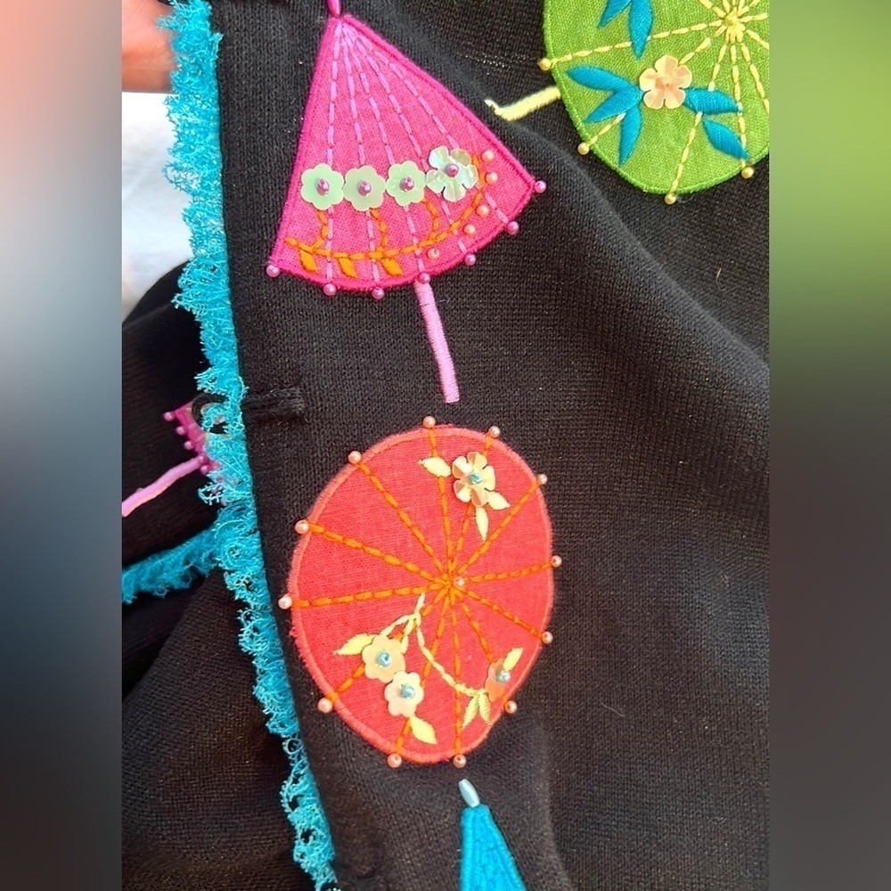 Inspired by Deleroy,Parasol Appliqué Embroidered Cardigan Whimsical Art,Size XL - Picture 11 of 13